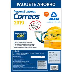 PAQUETE AHORRO PERSONAL LABORAL CORREOS (INCLUYE TEMARIOS 1 Y 2; SIMULACROS DE EXAMEN 1 Y 2; PSICOTÉCNICO Y ACCESO A CAMPUS ORO)