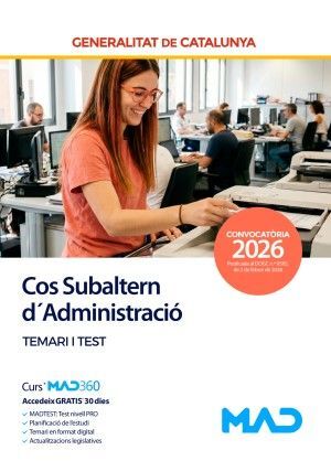 SUBALTERN/A GENERALITAT CATALUNYA (TEMARI I TEST + ACCÈS AL CURS MAD360 DURANT 30 DÍES)